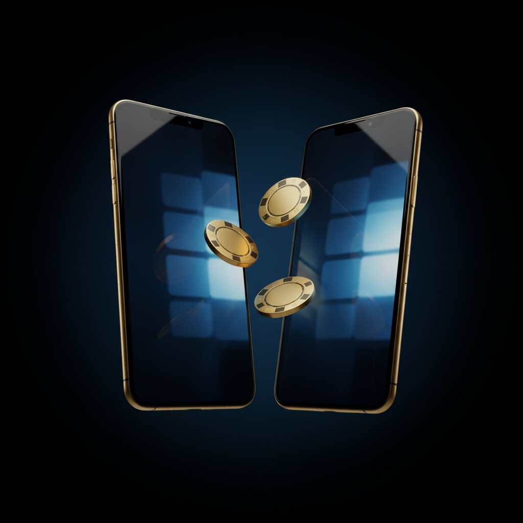 Two matte black smartphones with glowing blue screens and gold casino chips, the MegaPari app
