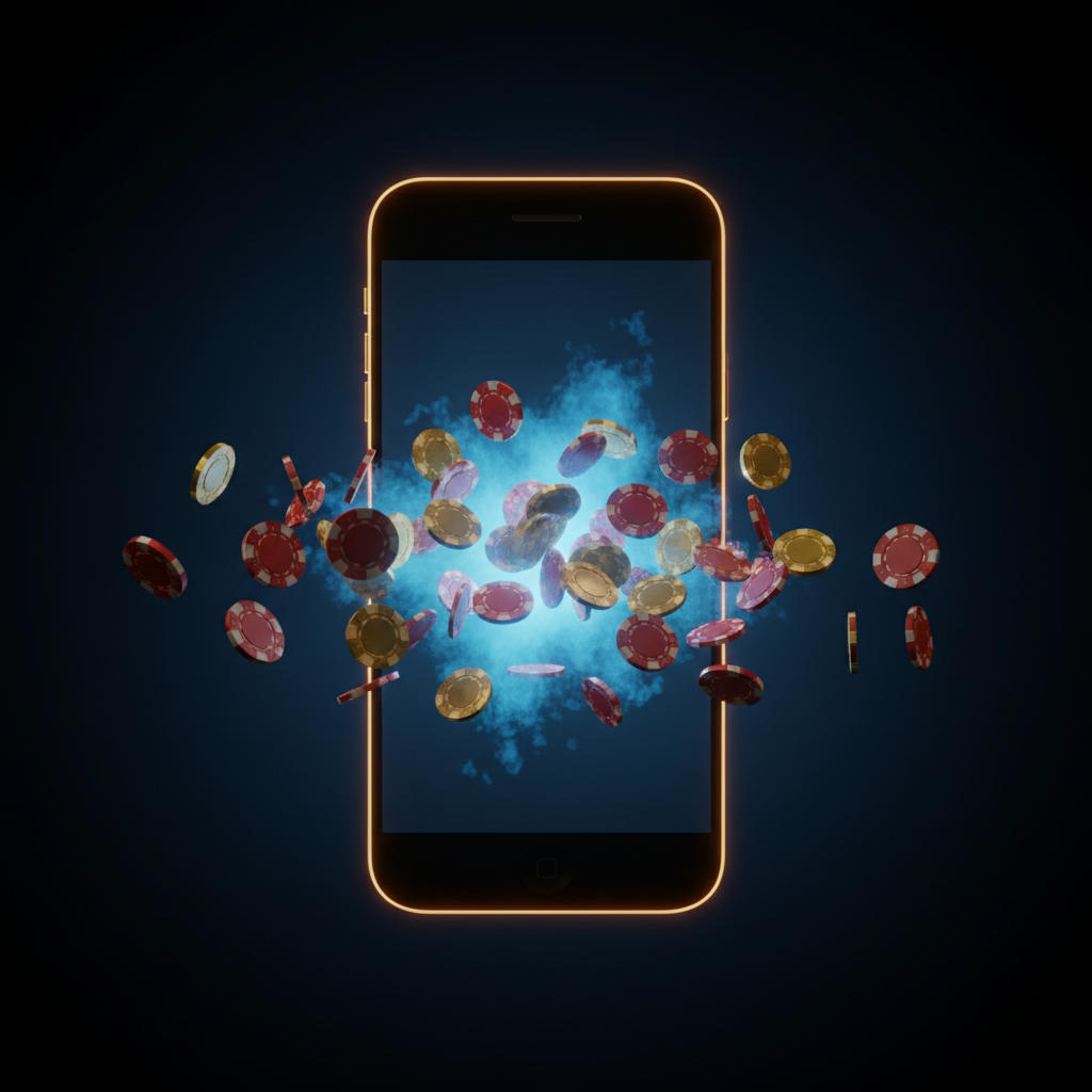 Smartphone spilling glowing casino chips, MegaPari mobile games