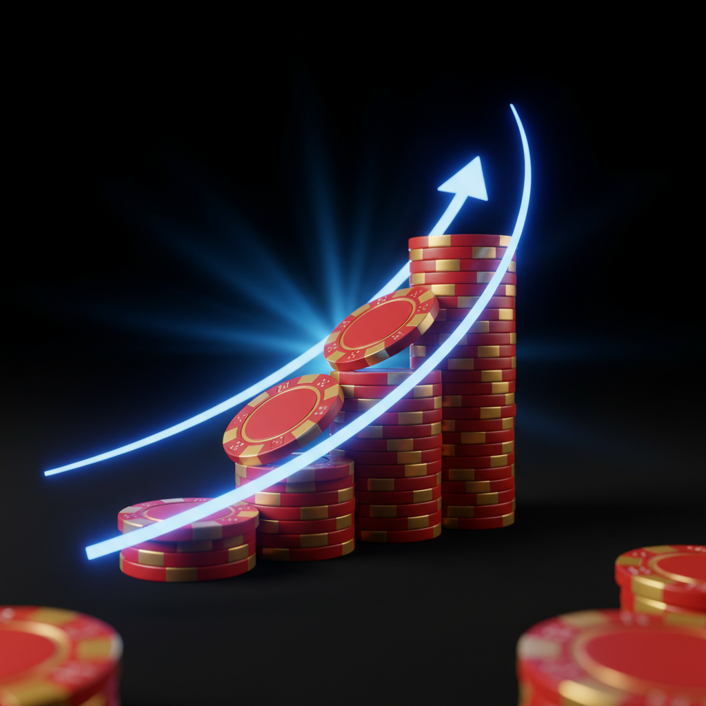 Rising stack of red and gold casino chips lit in blue, MegaPari trending games