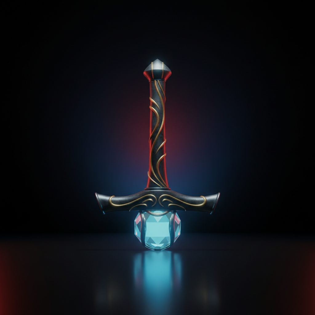 Metallic sword hilt and glowing blue crystal orb, MegaPari Dota 2 betting markets