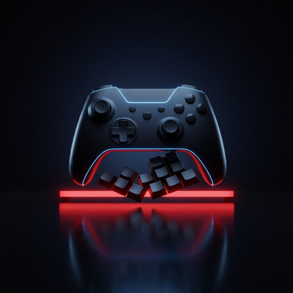 Dark metallic gaming controller and keyboard lit in blue, MegaPari esports betting